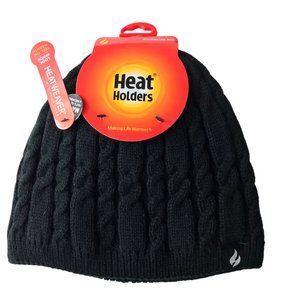 New NWT Beanie Knit Hat Cap Fleece-Lined Black.  Thick.  Heat Holders.  Model "H